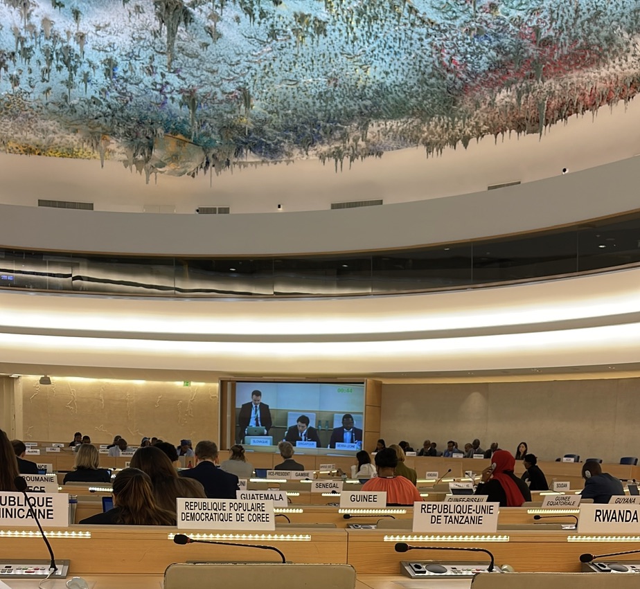 Human Rights Council Room XX at Palais des Nations, Geneva — UPR session in progress, country desks visible (Rwanda, Tanzania, Guinée, Sénégal, République Démocratique de Corée), Miquel Barceló ceiling installation overhead